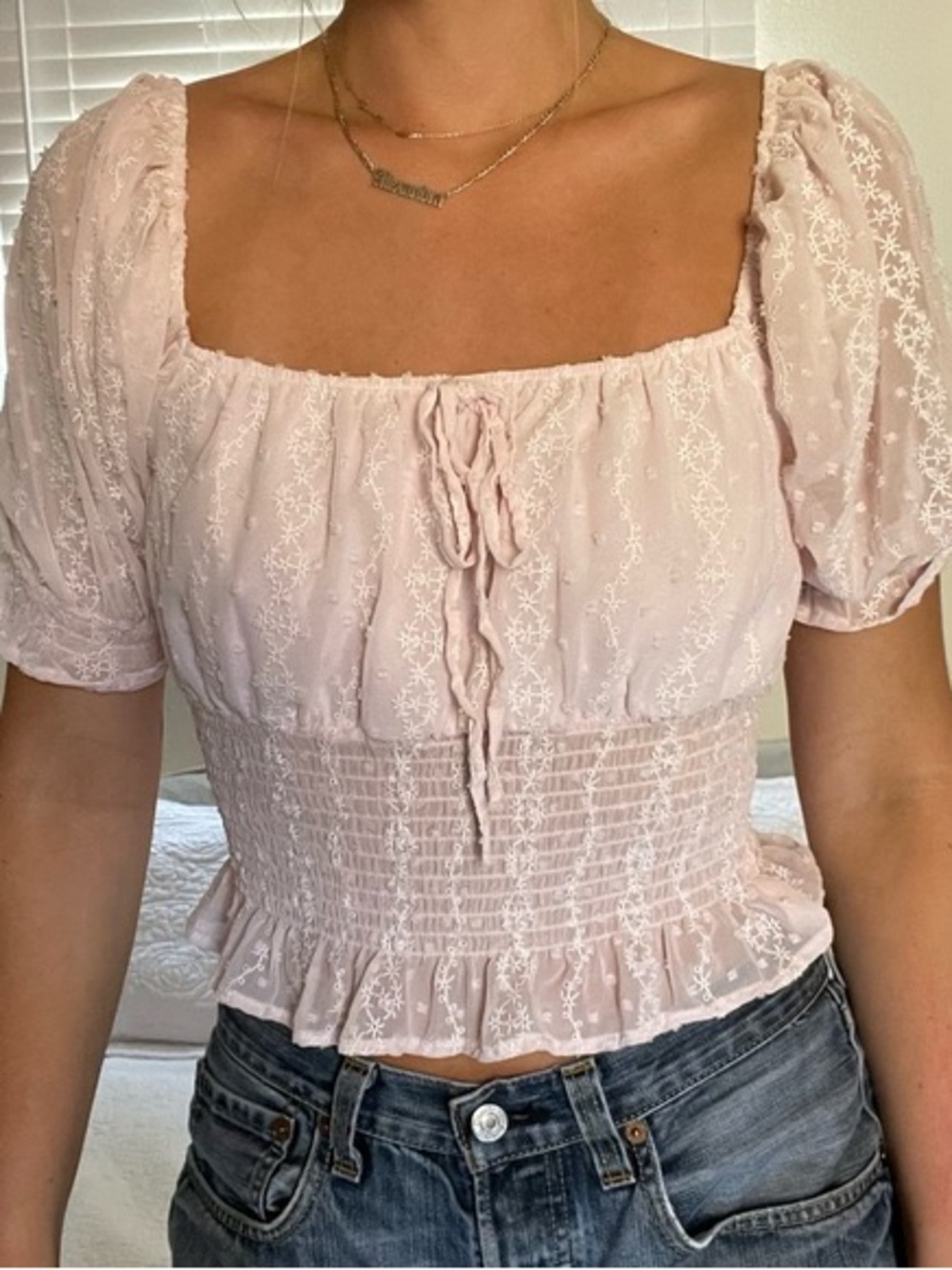 Forever 21 Light Pink Smocked Square-Neck Peasant Blouse